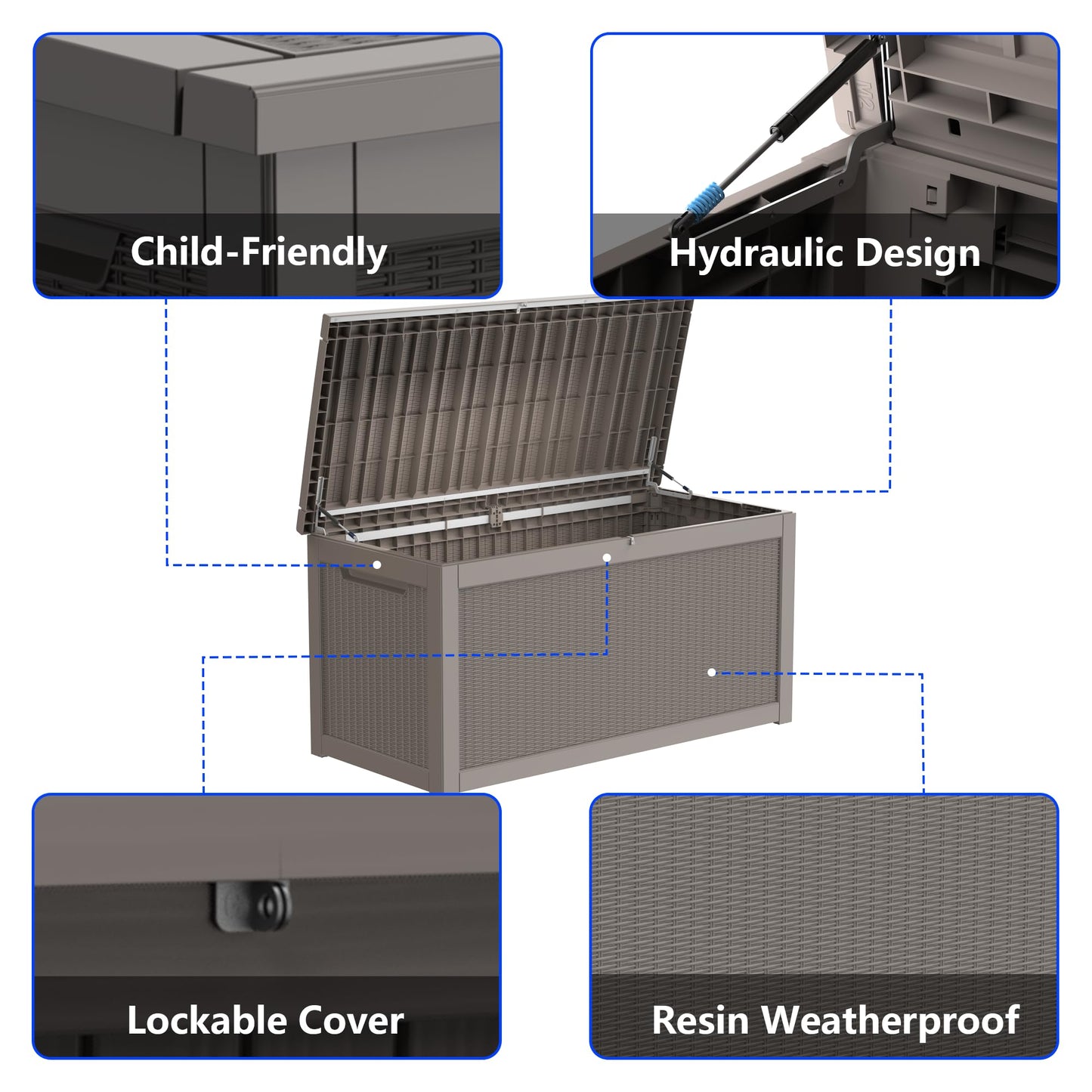 Decksplore 320 Gallon Outdoor Storage Box Resin Deck Box All Weather Waterproof Large Lockable Storage Container Deck Box for Patio Furniture, Garden Tools, Lockable, Grey