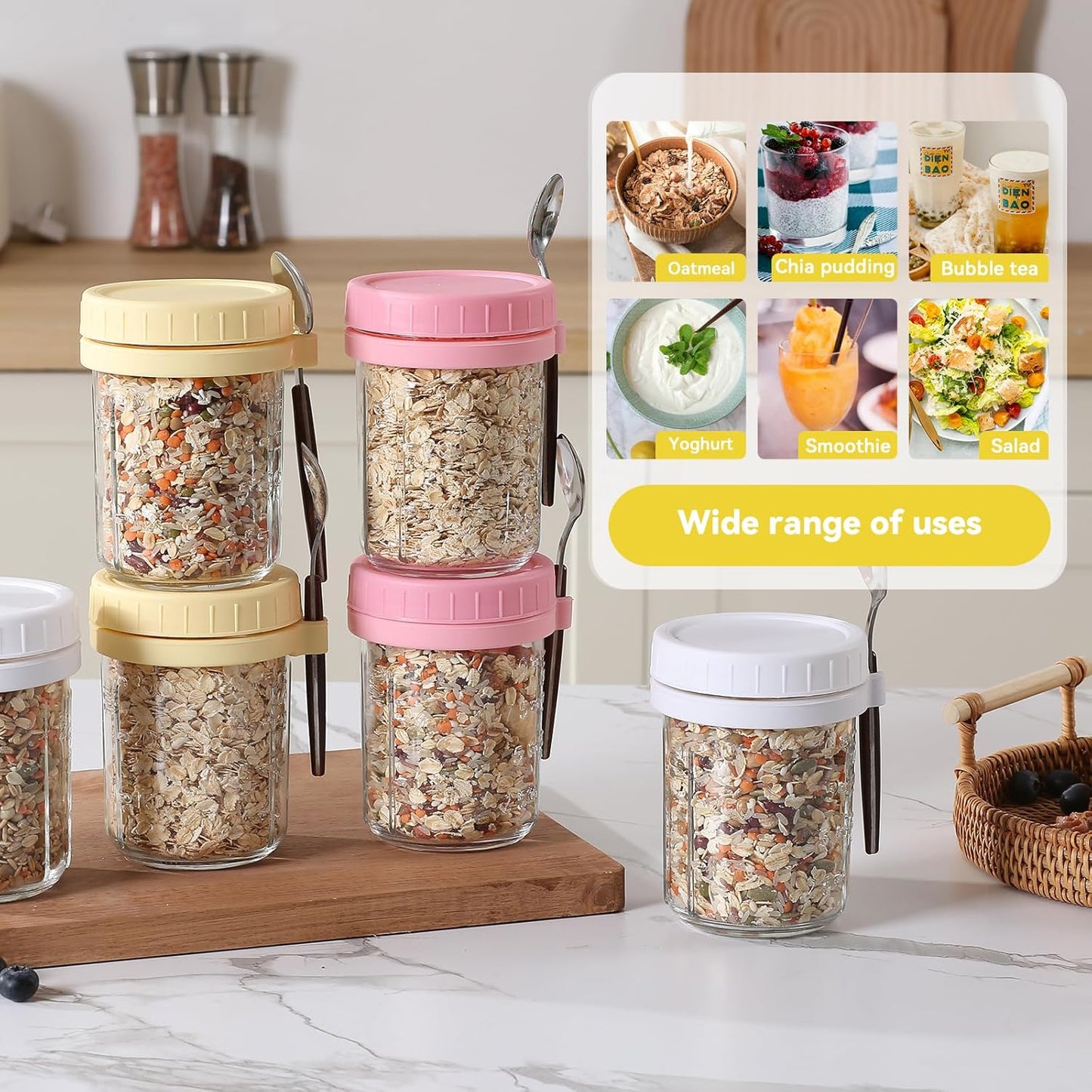 6 Pack Spoons,16 Oz (3 novelinks Overnight Oats Containers with Lids and Mason Jars, Leak Proof Overnight Oats Jars