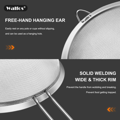 Walfos Fine Mesh Strainer Set of 3, Stainless Steel Wire Strainers for Kitchen, Multipurpose Metal Fine Sieve with Handle, Perfect for Food, Rice, Quinoa, 2.7", 4.6", 7"