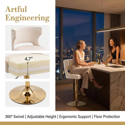 ROCITY Beige Bar Stools Set of 2 Swivel Counter Height Barstools with Back Faux Leather Bar Chairs with Gold Base Adjustable Modern Kitchen Island for Dining Room Home Bar, Rivet Decoration
