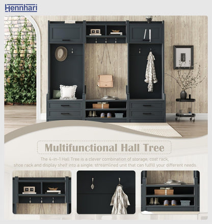 Hennhari 4-in-1 Detachable Entryway Hall Tree with Shoe Storage Bench, Mudroom Coat Rack with Drawers, Open Shelves and Hooks, Entryway Storage Cabinet for Hallway, Foyer (Antique Blue)