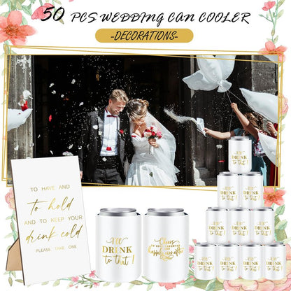 SiliFine 101 Pcs Wedding Can Cooler Bulk Engagement Party Favors for 100 Guests Cheers to Love Laughter, and I'll Drink Can Cooler with 1 Pcs Wooden Wedding Table Sign Bridal Shower Favor(White)