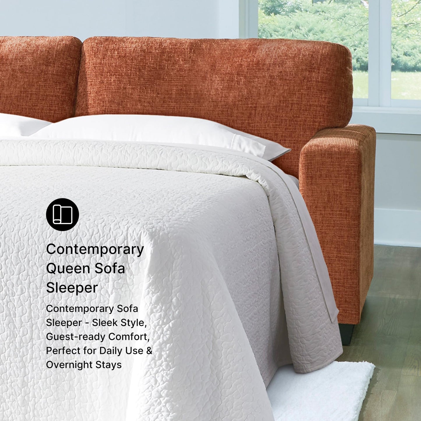 Signature Design by Ashley Aviemore Contemporary Sofa Sleeper with Folding Memory Foam Mattress and 2 Accent Pillows, Queen, Orange