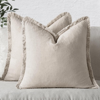 MIULEE Christmas Decorative Throw Pillow Covers Neutral Linen Fringe Fall Throw Pillows Set of 2 Natural Beige Boho Farmhouse Cushion Covers with Tassels for Couch Sofa Bed Home Decor 20x20 Inch
