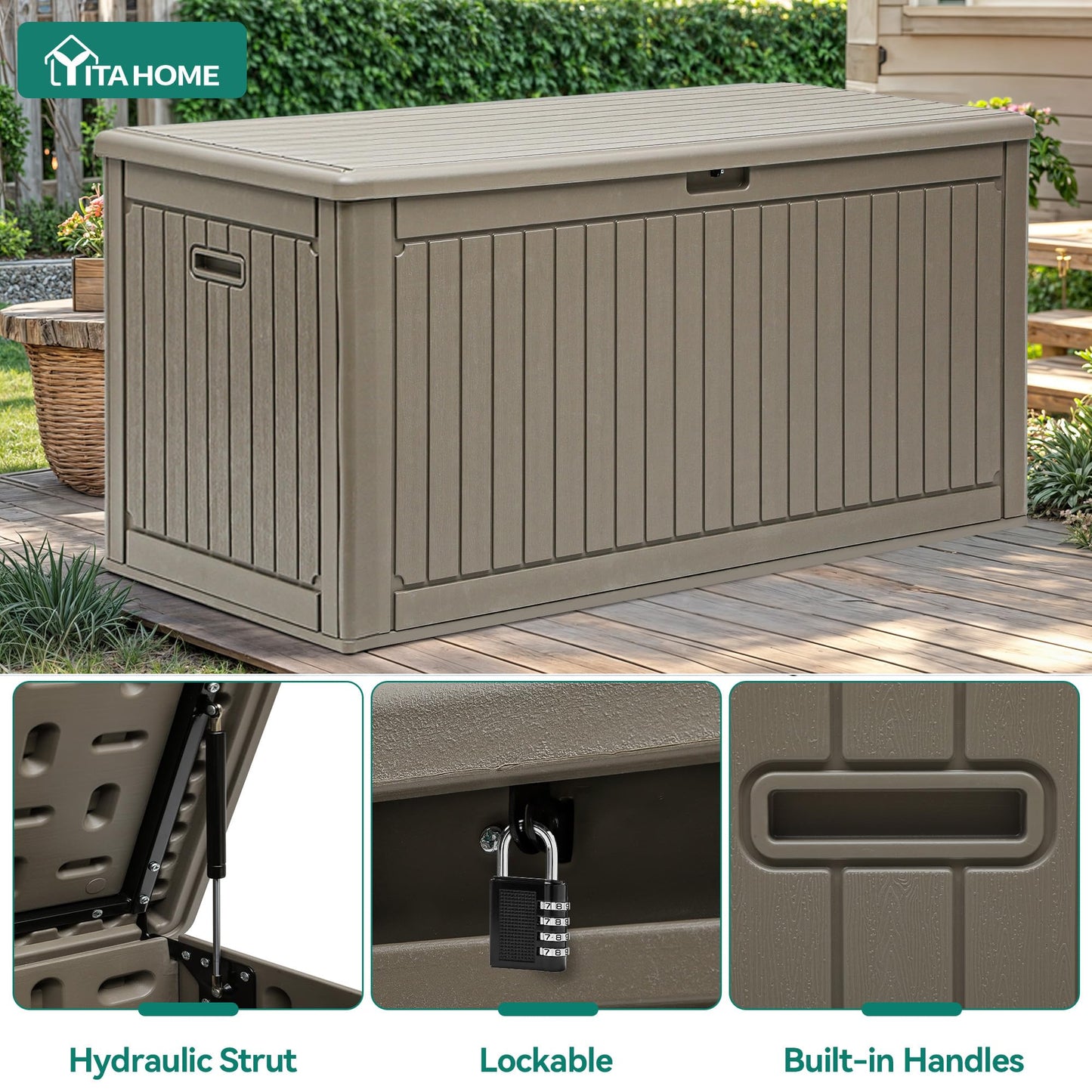YITAHOME 320 Gallon Double-Wall Deck Box with Divider & Side Handles, Outdoor Large Storage for Patio Furniture Cushions, Garden Pool Accessories, Water Resistant & Lockable