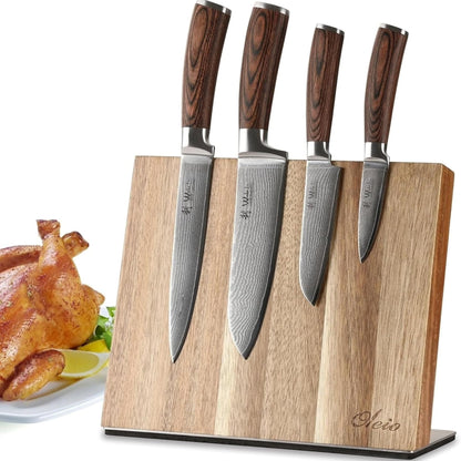 Wakoli EDIB 4-Piece Damascus Knife Block Set – Professional Kitchen Knives with Magnetic Acacia Block, 67-Layer Damascus Steel Blades and Ergonomic Pakkawood Handles – Premium Knife Set with Block