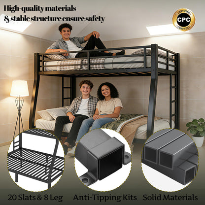 Bellemave Full XL Over Queen Bunk Bed with High Guardrail & Under-Bed Storage, Heavy Duty Metal Bunk Beds Frame with 2 Side Ladders, Full Over Queen Bunk Bed for Adults, No Box Spring Needed, Black