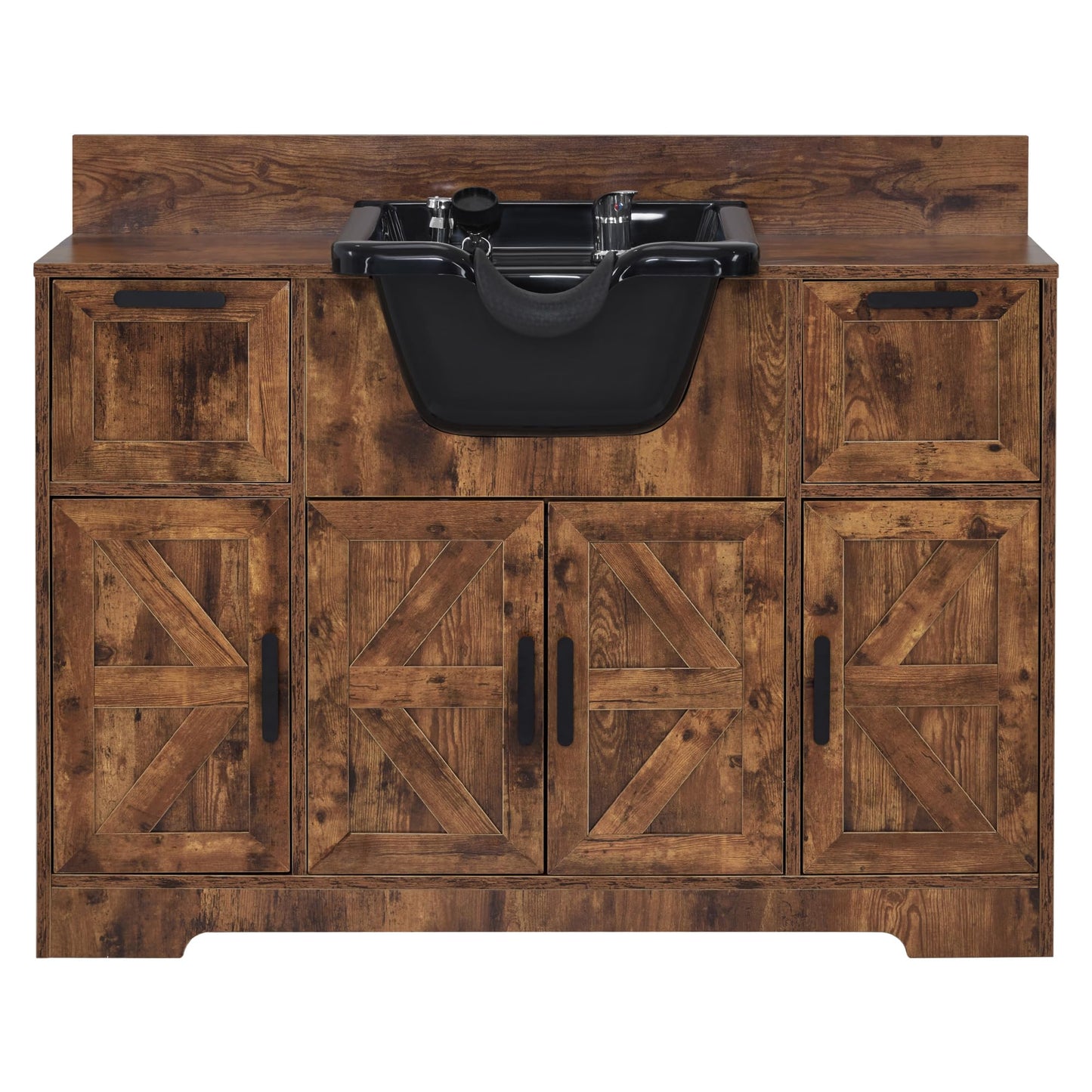 BarberPub Portable Shampoo Station, Shampoo Bowl with Cabinet & Drawer, Salon Geometric Finish Station with Sprayer Faucet, Barber Storage Equipment with Hair Wash Backwash Sink 3439 (Rust Brown)