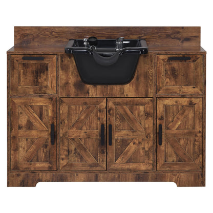 BarberPub Portable Shampoo Station, Shampoo Bowl with Cabinet & Drawer, Salon Geometric Finish Station with Sprayer Faucet, Barber Storage Equipment with Hair Wash Backwash Sink 3439 (Rust Brown)