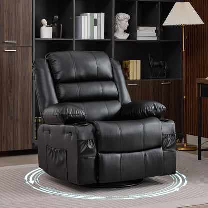 Rocker Recliner Chair for Adults Manual 360° Swivel Single Sofa Seat Glider Chair with 3 Positions 2 Side Pockets Cup Holders PU Fabric for Living Room Nursery Office