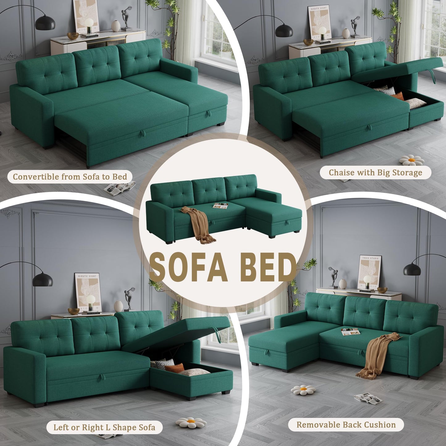 KTATK 82" L-Shape Convertible Sectional Sofa with Storage Chaise and Pull-Out Bed,Modular Corner Couch Lounge,W/Removable Back Cushions & Armrest,for Home Furniture,Green