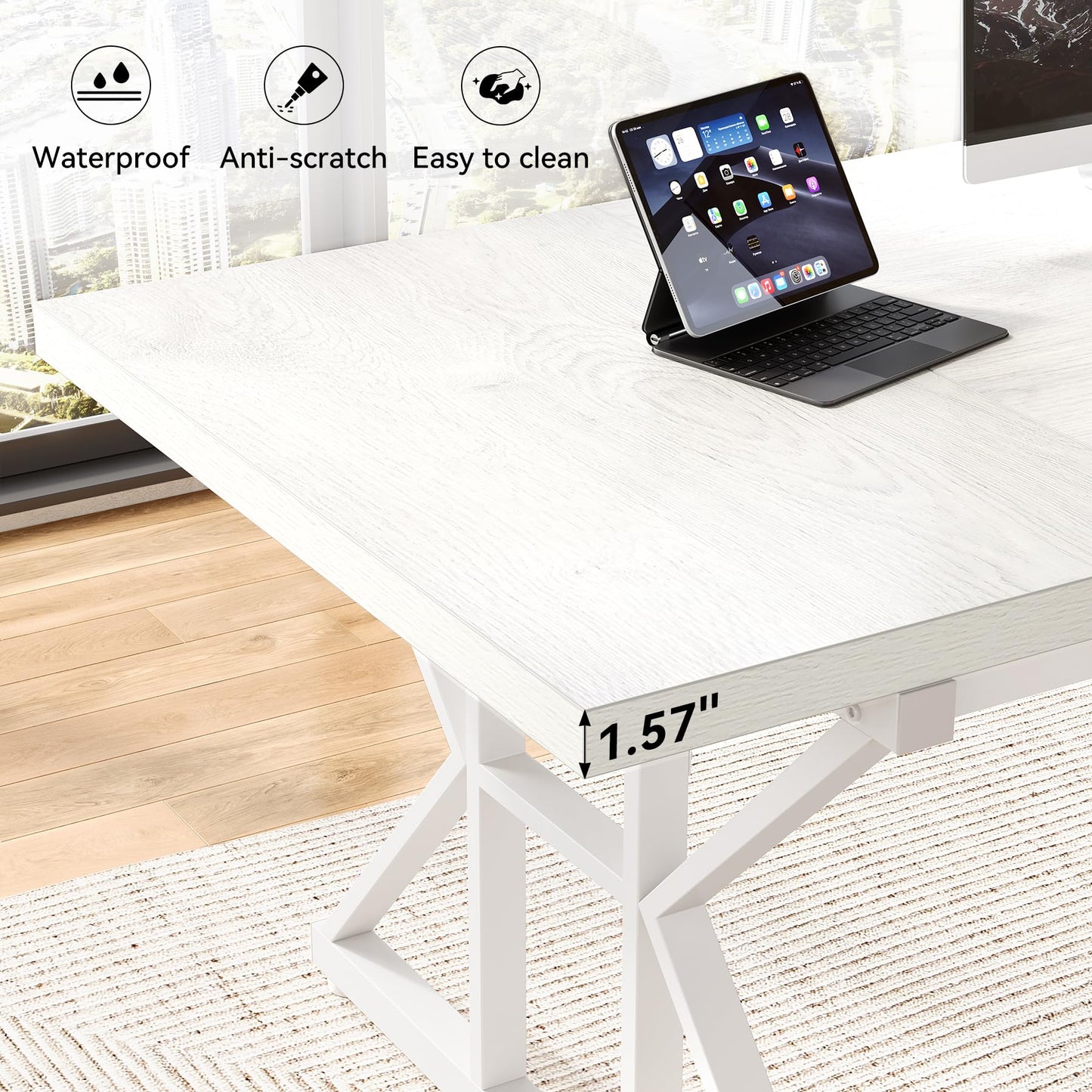 LITTLE TREE 70.8-Inch Large Executive Desk, Extra Long Computer Office Desk Workstation, Modern Simple Style Laptop Table, Sturdy Wooden Writing Workstation for Home White