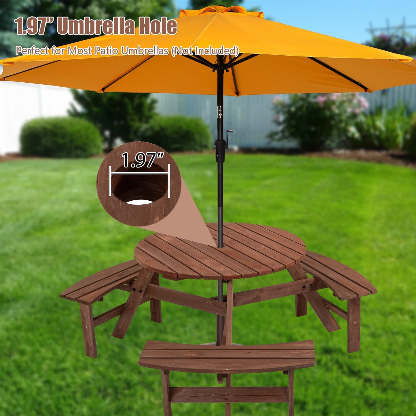 BIFULDYO 6-Person Round Outdoor Table and Chairs for Patio, Backyard, Wooden Garden Picnic Table with 3 Benches, 1720 Lb Capacity (Brown)