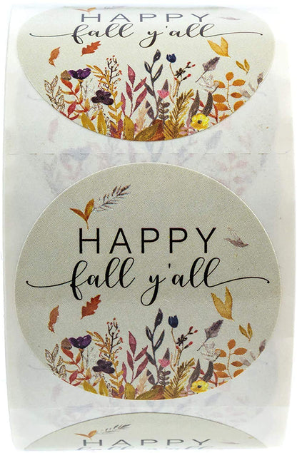Happy Fall Y'all Stickers / 1.5 Inch Autumn Leaves Circle Labels / 500 Thanksgiving Floral Labels Per Roll