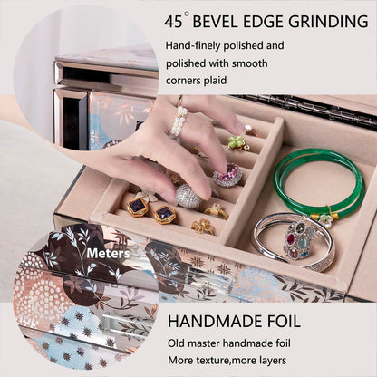 Homruilink High End Glass Jewelry Box, 5 Layer Jewelry Organizer for Women, Side Doors & Mirror, Velvet-Lined Storage for Rings & Necklaces, Ideal Gift (Geometric Floral)