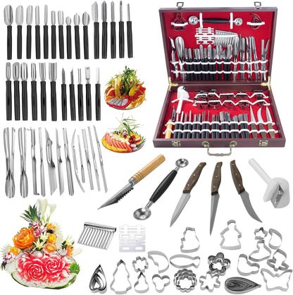 Krbnk 80-Piece Stainless Steel Fruit Carving Tools Set - Professional Watermelon Carving Knife Kit with Ergonomic Handles & Portable Wood Box, Durable Fruit Cutting Tools for Culinary Arts, Sculpting