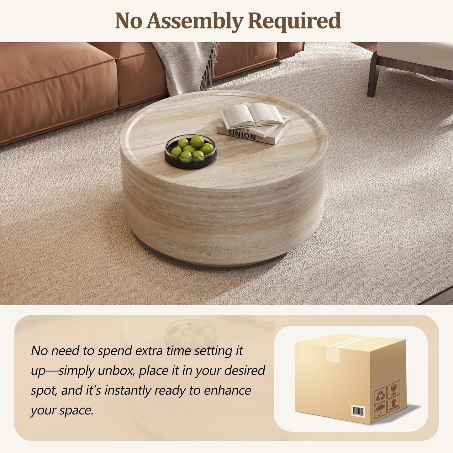 Merax 27.5" Round Coffee Table with Faux Luxury Marble Look, Drum Small Center Table with Strong Structure, Minimalist Mars Pattern End Table for Living Room, Bedroom, No Assembly Required, Beige
