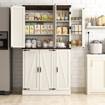 Hlivelood 71" Tall Kitchen Pantry,Farmhouse Storage Cabinet with Barn Doors,Organizer,Rustic Wood Cupboard,Farmhouse Pantry Cabinet for Kitchen,Dining Room,Living Room(Rustic White)