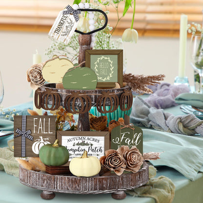 Reallnaive 18 Pcs Fall Thanksgiving Tiered Tray Decor Set Pumpkin Buffalo Plaid Wood Sign Hello Fall Rustic Farmhouse Neutral Tray Decoration Tabletop Sign for Autumn Home Kitchen Festival(Sage Green)
