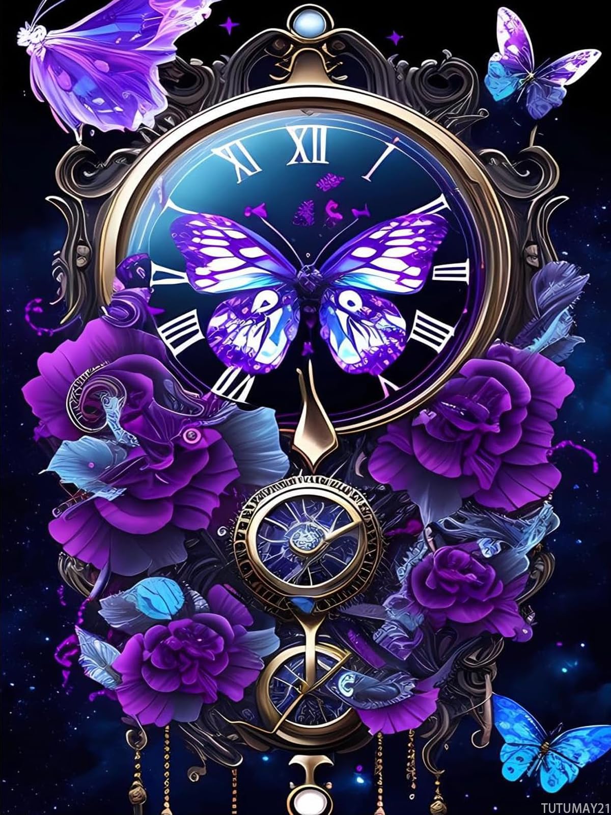 TUTUMAY21 5D Purple Fantasy Clock Diamond Art Painting Kits, Nature Diamond Painting Full Diamond Art Kits for Adults Embroidery Cross Stitch Arts Craft Supply Canvas Wall Decor 12x16 inch