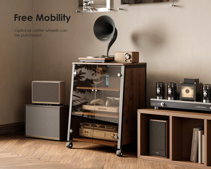 FITUEYES Design 4-Tier Media Stand with Brown Glass Doors Audio Rack with Adjustable Shelves Stereo Cabinet Protection Equipment for Vinyl Record Player Stereo Receivers Audio Gear, Eiffel Series