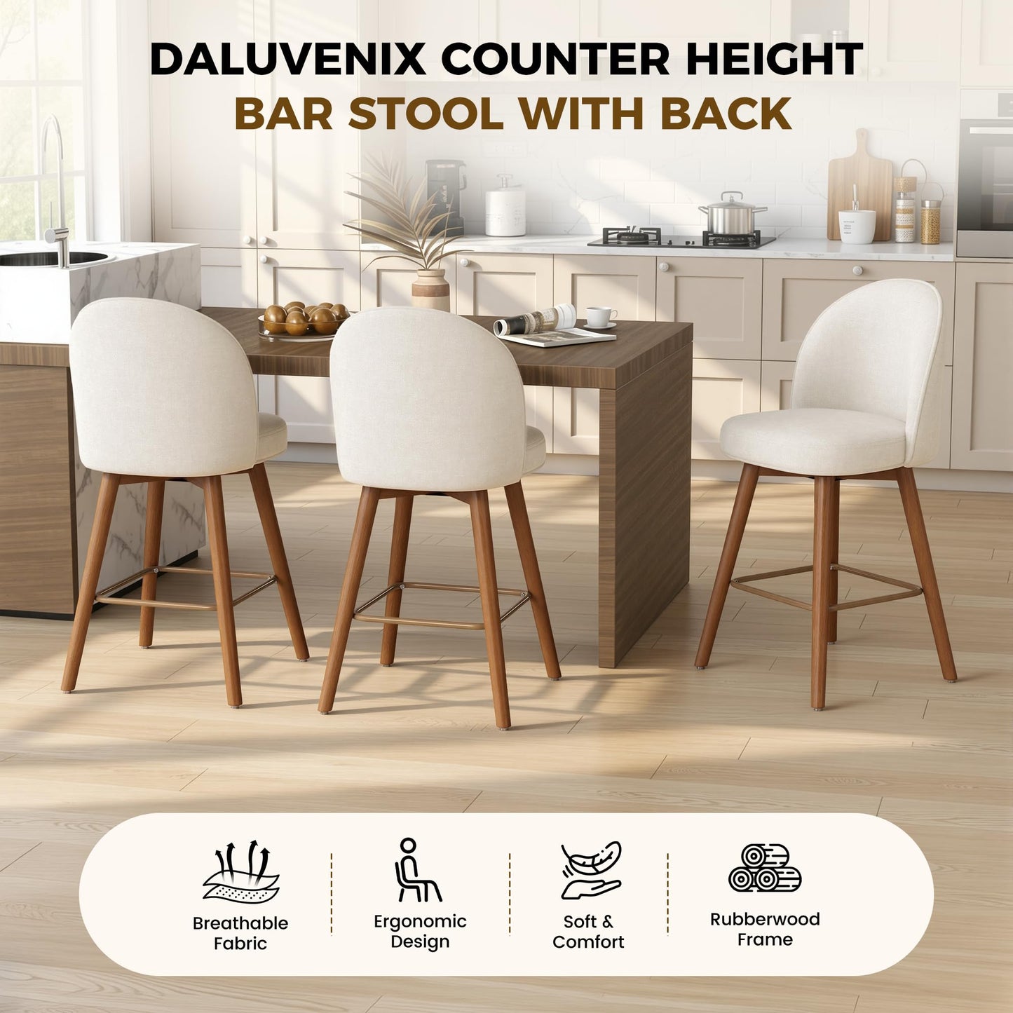 Daluvenix Modern Swivel Bar Stools Set of 3, Chic Upholstered Counter Height（26IN） Bar Chair with Back, Solid Wood Legs and Footrest, Comfortable Chenille Bar Stool for Kitchen Island, Cream White