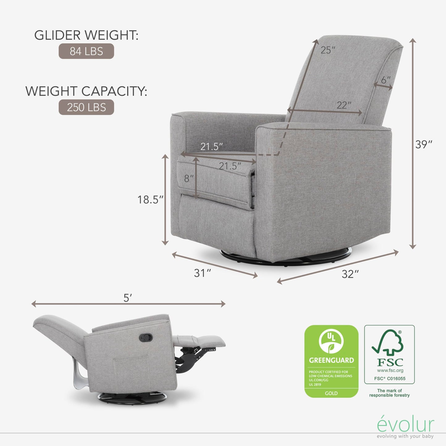 Evolur Raleigh Upholstered Manual Glider Recliner– Rocking & 360° Swivel with Smooth Glide – Greenguard Gold & FSC Certified – Modern Nursery and Living Room Chair in Light Grey