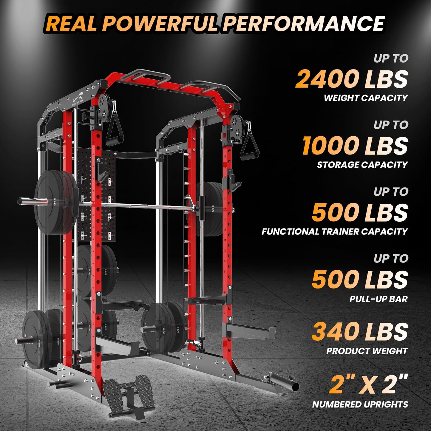Patikuin Heavy-Duty Power Cage Smith Machine – Multi-Functional Comprehensive Home Gym Rack with Cable Crossover, Dual Pulley, LAT Pulldown, Dip Bars, Tricep Rope – Space-Saving, Black-Red