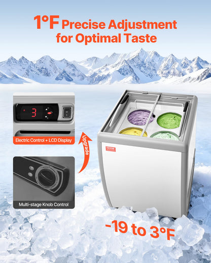 VEVOR Commercial Ice Cream Display Case, 5.6 Cu.ft Chest Freezer, Restaurant Gelato Dipping Cabinet Top Deep Freezer with Locking Casters, Sliding Glass Door, LED Lighting, Hold 4 Ice Cream Tubs