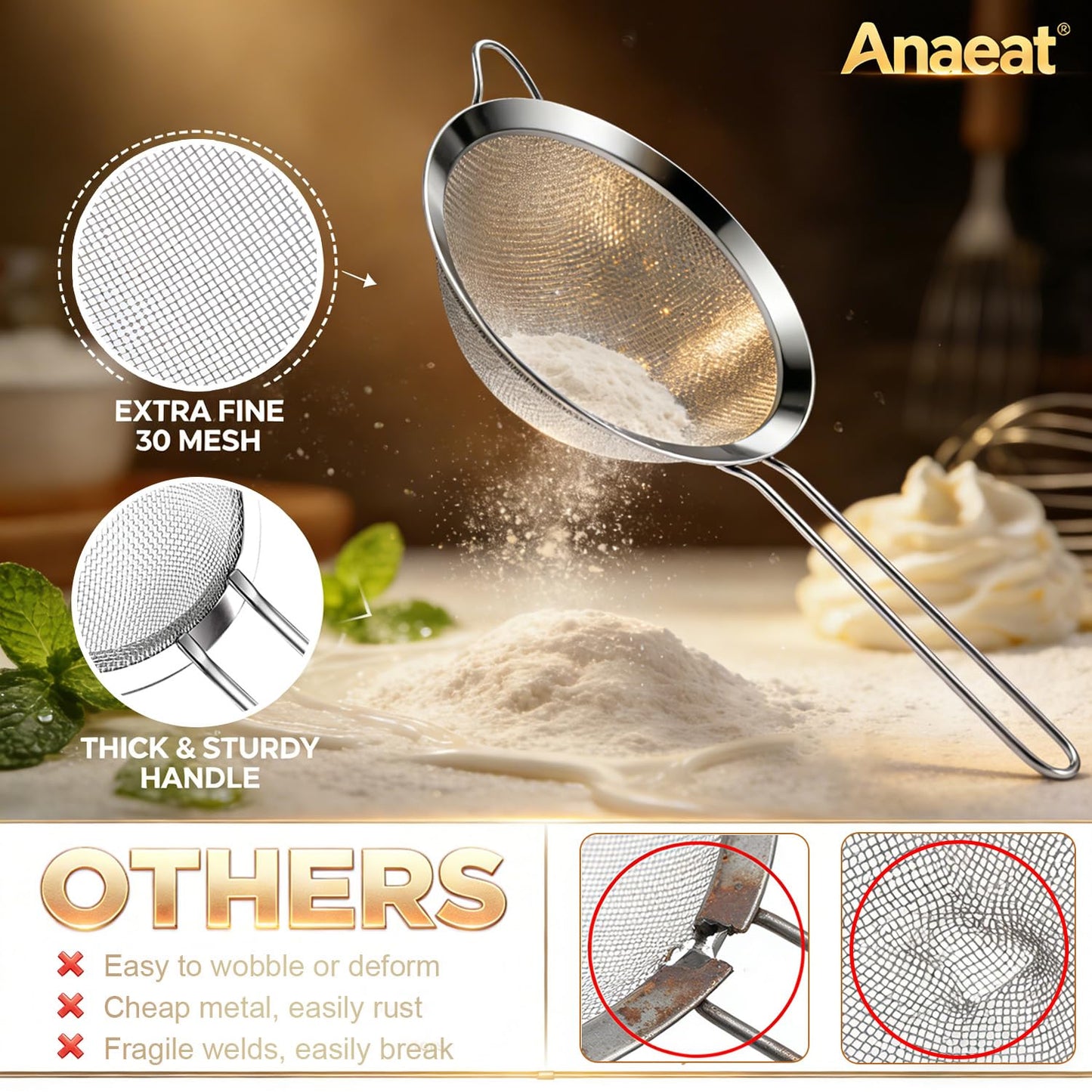 Anaeat Fine Mesh Strainers - Premium Stainless Steel Colander Sieve Sifters, with Durable Mesh and Sturdy Handle, Excellent for Sifting Dry ingredients, Flour, Pastas, Rice, Tea (2.8"+4.73"+7.09")