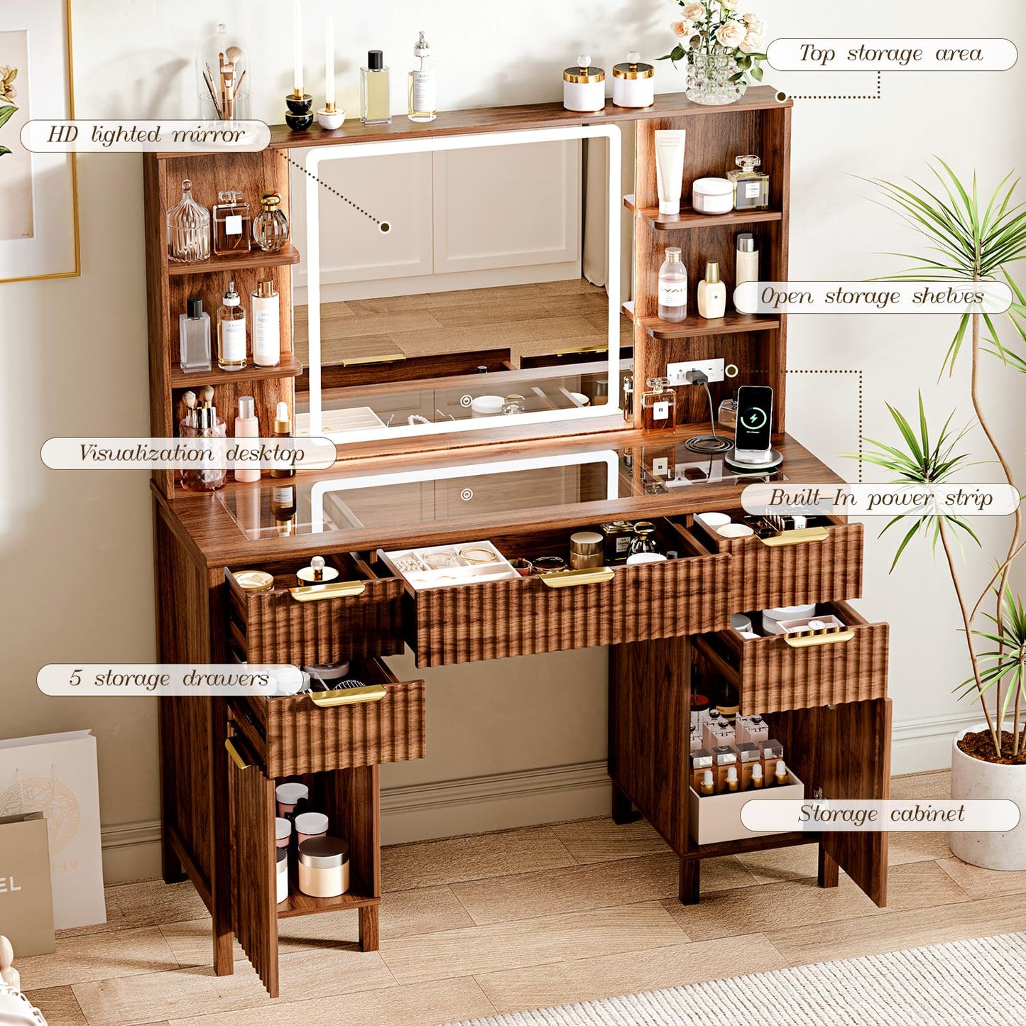 Vanity Desk with Large 27.2" Mirror and Lights 47.2" Fluted Makeup, 5 Drawer Vanity with Power Strip, 4 Open Shelves, 2 Cabinet, Modern Bedroom Vanity Featuring Visual Transparent Glass. Brown