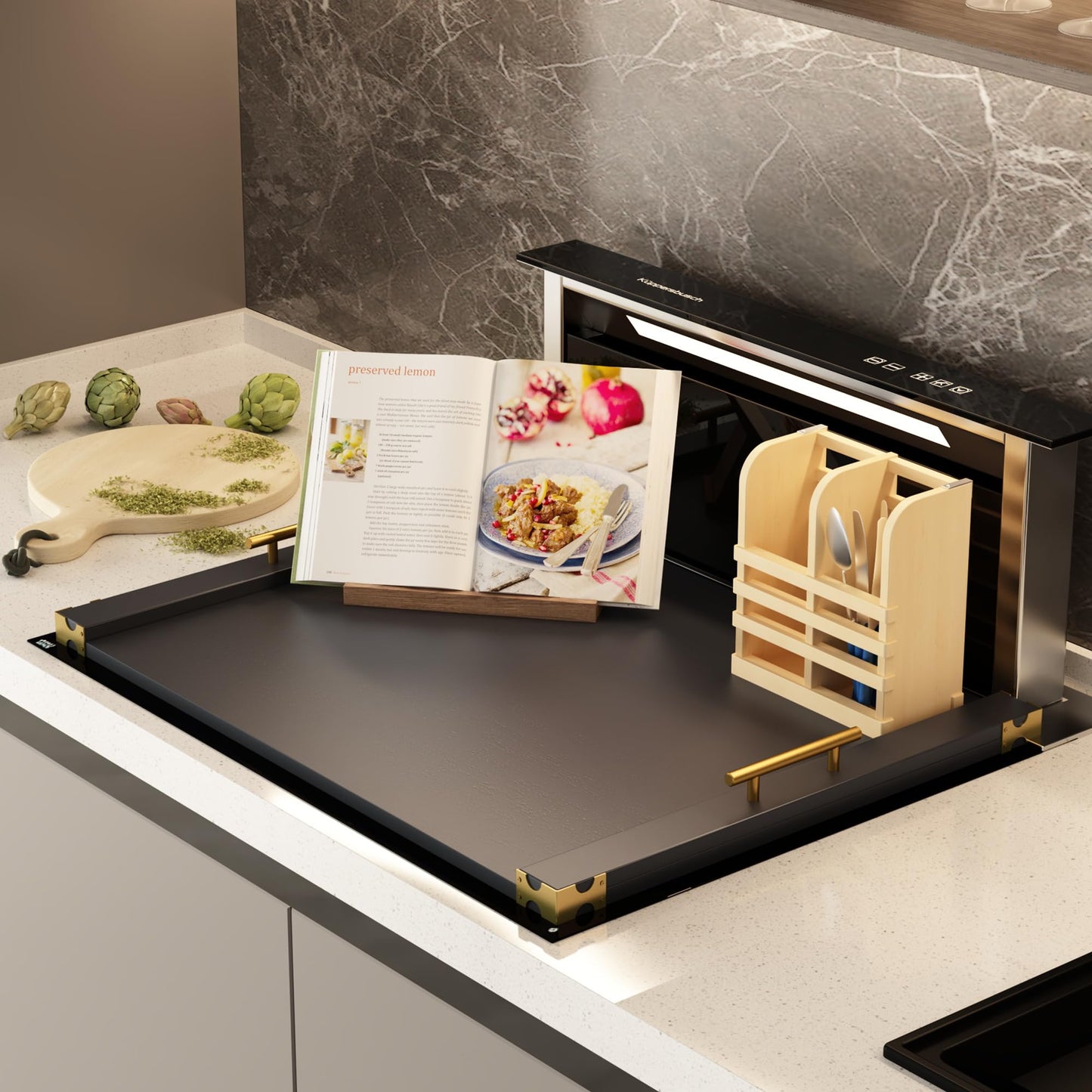 Noodle Board Stove Cover for Gas Stovetop, Bamboo Stove Top Covers for Electric Stove and Gas Burners with Handles Kitchen Sink Cover for Counter Space Decorative Serving Tray Black (29.53"x22.05")