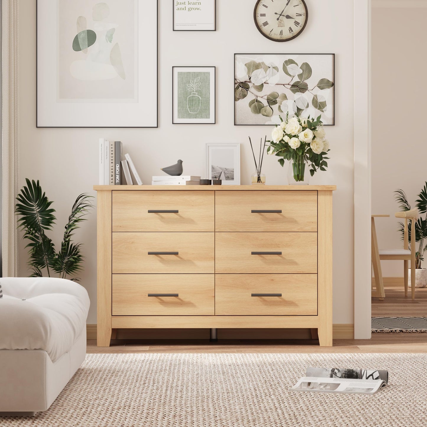 Garvee 6 Drawer Dresser for Bedroom, 47" Wide Natural Oak Chest of Drawers with Large Capacity Drawers & Sturdy Thickened Legs, Wooden Storage Organizer Closet for Living Room, Entryway, Natural