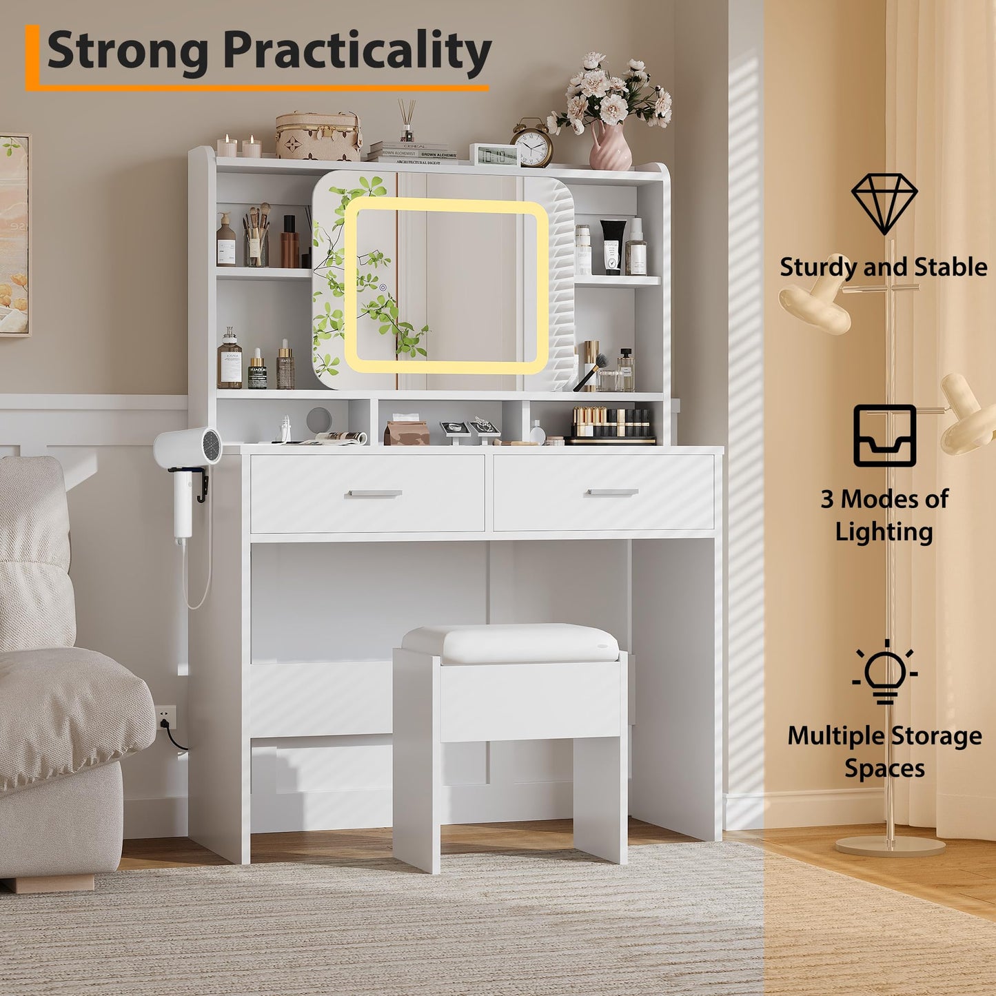 GOCAPTAIN Vanity Desk Makeup Vanity Table with Slides Mirror LED Lights 3 Intensities, Dressing Table Set with Stool, 5 Storage Shelves 2 Drawers, Plugboard and Hanger, 15.8" x 39.4" x 54.3"