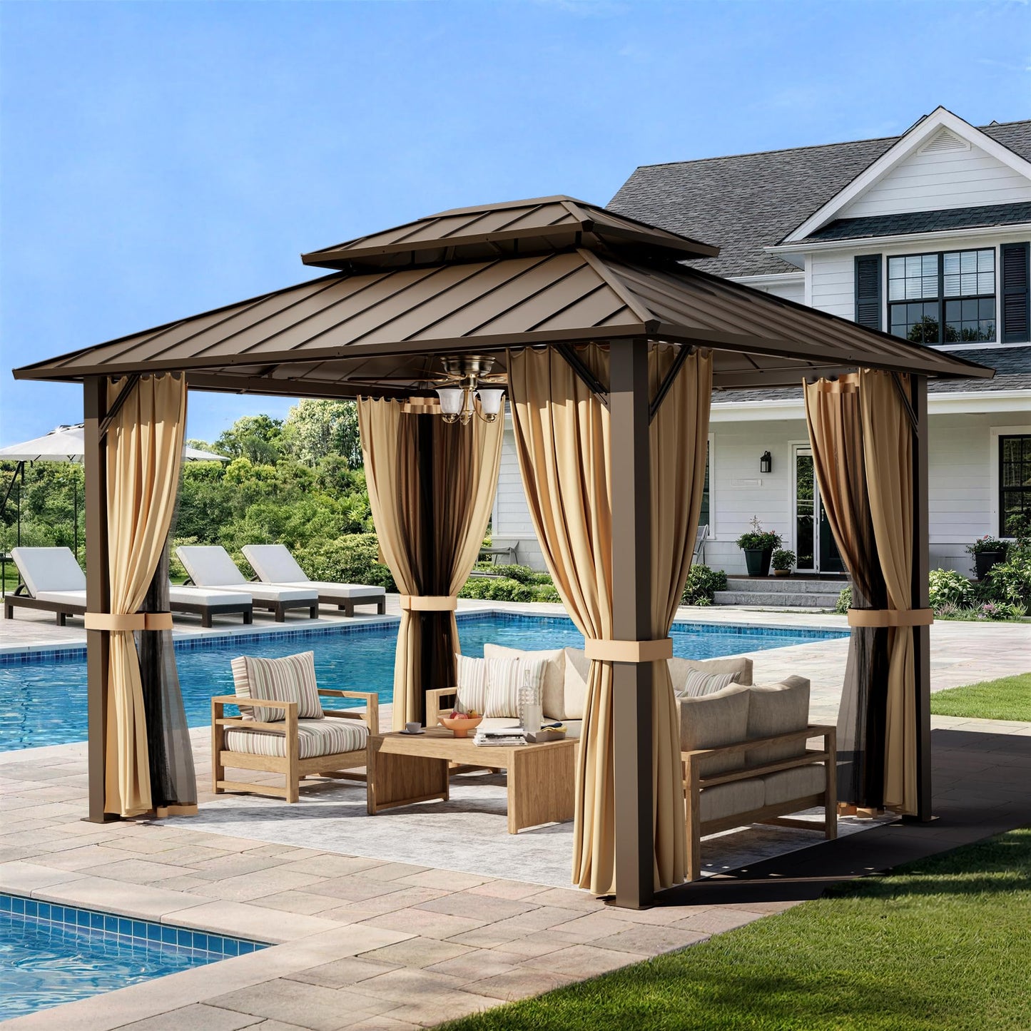 PAMAPIC 10x12FT Hardtop Gazebo,Galvanized Steel Double Roof with Aluminum Frame,Outdoor Permanent Pavilion with Breathable Netting & Privacy Curtain for Patio,Backyard,Deck,Lawn,Brown