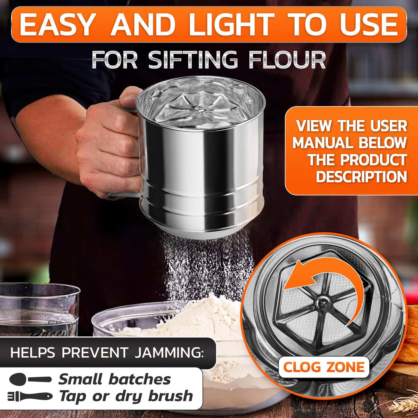 5 Cup Flour Sifter for Baking – Large Capacity Flour Sifter Stainless Steel with Double Mesh, Easy One-Hand Use & Dishwasher Safe – Baking Tools for Sifting Powdered Sugar, Cocoa & Cookies Decoration