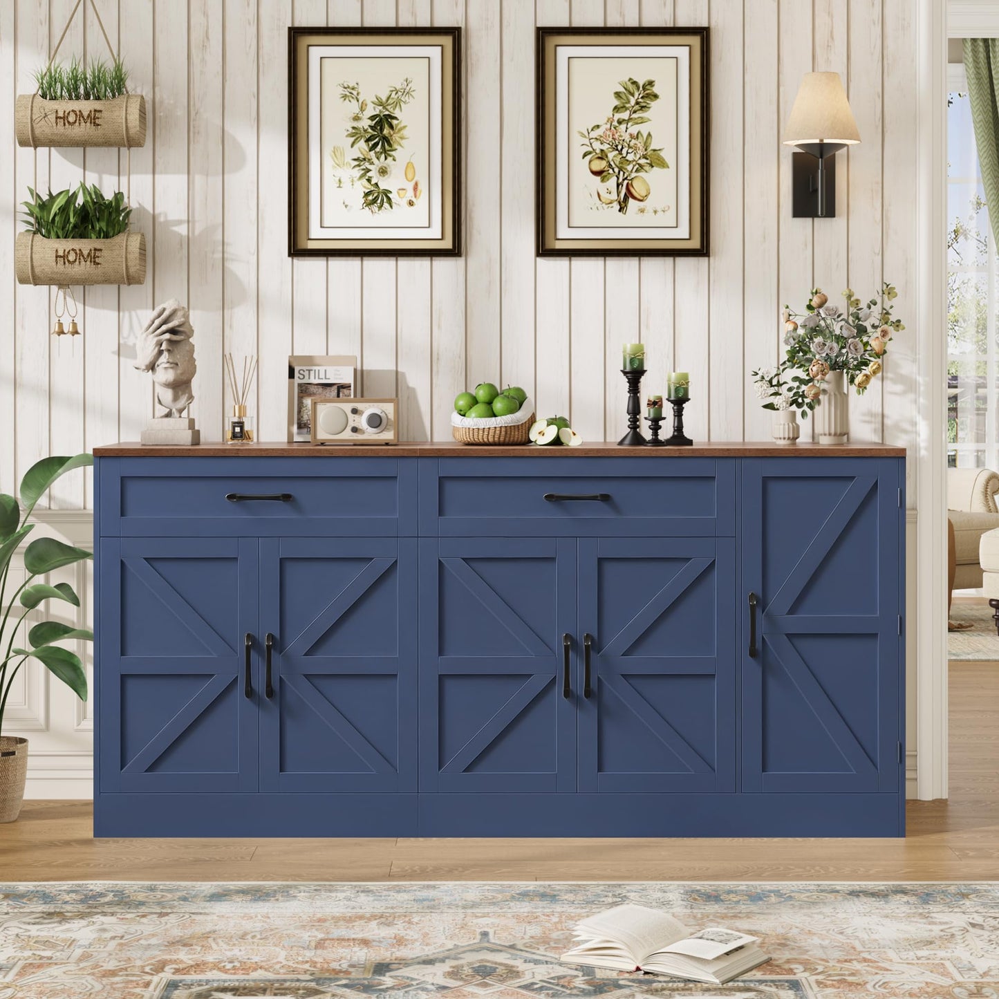 BOTLOG 71” Large Sideboard Buffet Cabinet with Storage, Farmhouse Buffet Cabinet with Adjustable Shelves and 3 Door Shelves, Wood Coffee Bar Console Table for Kitchen, Dining Room (Blue)