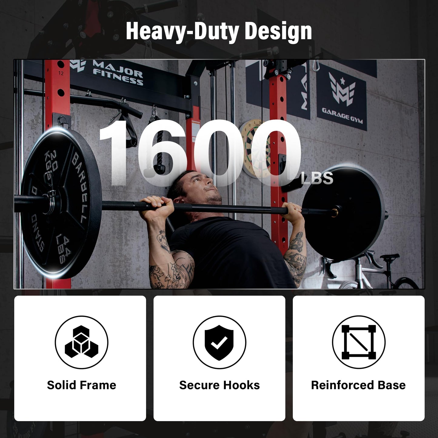 MAJOR FITNESS F22 Power Rack with Weight Bench – 1600lbs All-in-One Squat Rack with Cable Crossover, Dual Pulley, Heavy-Duty Steel Frame, Attachments & Storage for Home Gym Strength Training, Black