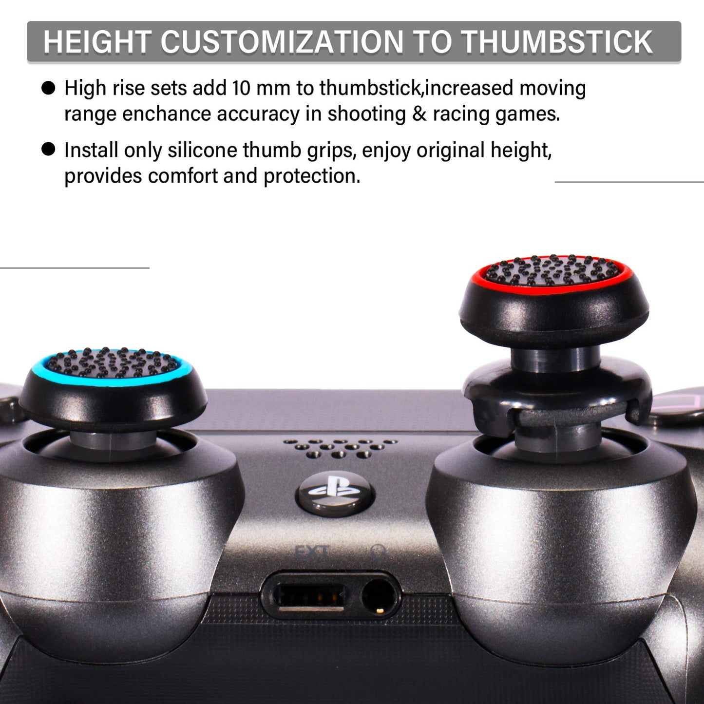 Playrealm FPS Thumbstick Extender & Printing Rubber Silicone Grip Cover 2 Sets for PS5 Dualsenese & PS4 Controller (Black Red+Blue)