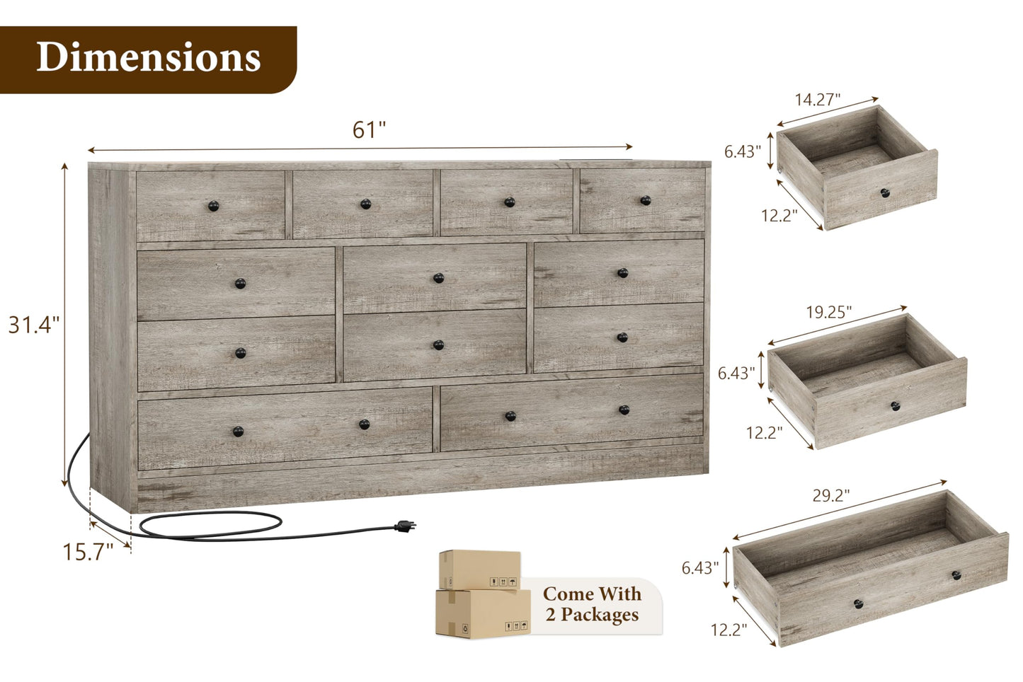 Hetoy 12 Drawer Wooden Dressers with Charging Station – Gray Wood Chest of Drawers for Bedroom, Closet, Living Room, 61" Wide TV Stand Dresser, Modern Storage Organizer for Nursery, Hallway