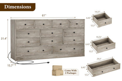 Hetoy 12 Drawer Wooden Dressers with Charging Station – Gray Wood Chest of Drawers for Bedroom, Closet, Living Room, 61" Wide TV Stand Dresser, Modern Storage Organizer for Nursery, Hallway