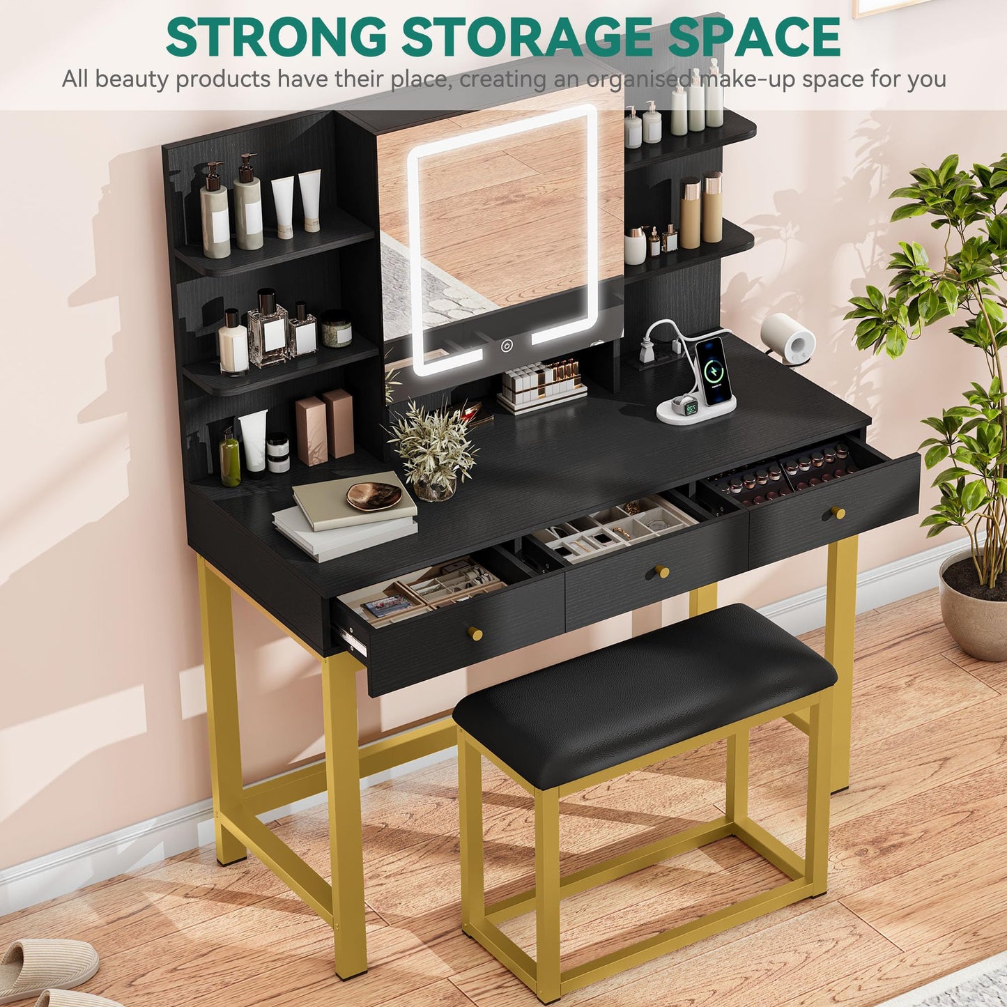 YITAHOME Vanity Desk Set with Mirror and Lights & Power Outlets, Makeup Table with 3 Adjustable Lighting Modes, Vanity Set with Open Shelves and Hidden Storage