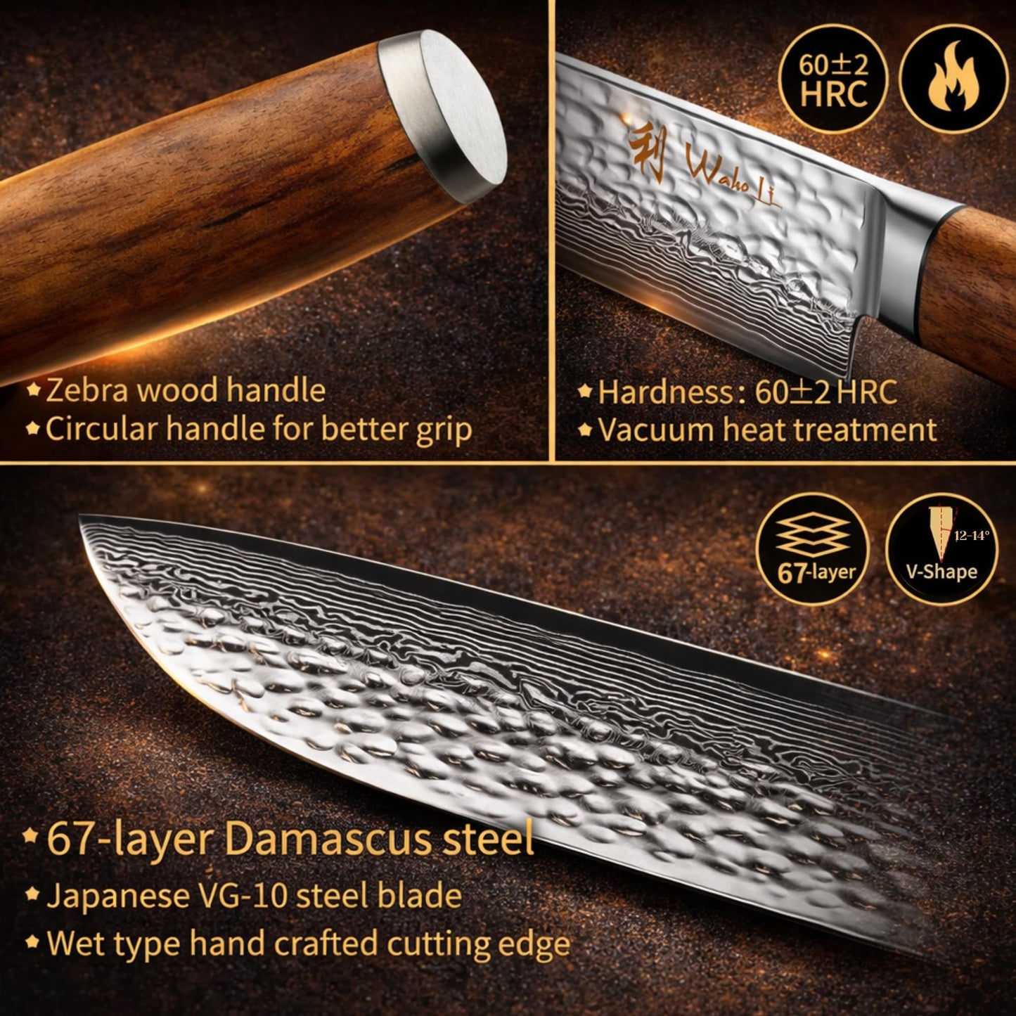 Wakoli Damascus Knife Block Set – 4-Piece Professional Kitchen Knives with Magnetic Block – Kitchen Knife Set made of 67-Layer Damascus Steel Blades & Ergonomic Zebrawood Handles