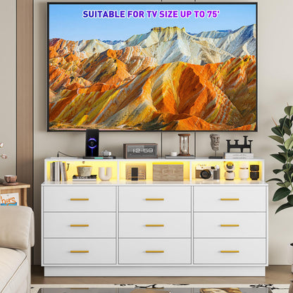 UNIQUITE White 9 Drawer Dressers for Bedroom, Modern Large Dresser with LED Light and Power Outlet, Wooden Long Dresser for Bedroom, Entryway, Hallway