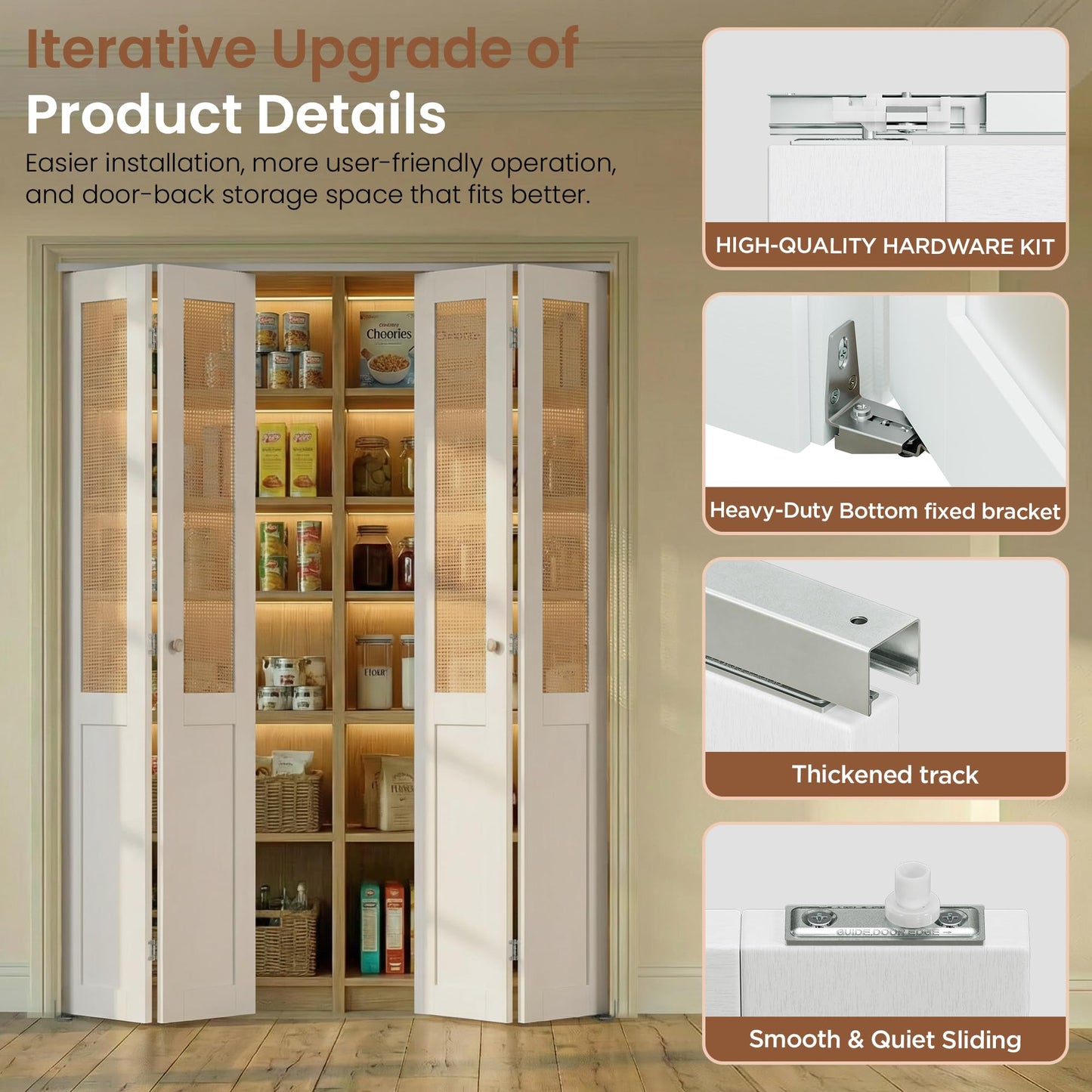 SMARTSTANDARD Rattan Bifold Closet Door for 72"x80" Opening Interior Slab, Preassembled Panel, MDF& Webbing Surface, Easy to Install with Hardware Kit for Wardrobe Closet Pantry Bedroom White