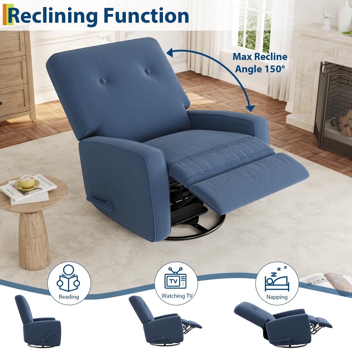 GarveeHome Recliner Chairs, Swivel Rocker Recliner, Glider Recliner Nursery Chair for Adults, 360° Swivel Glider Rocking Chair for Living Room, Bedroom, Office, RV, Small Spaces, Corduroy, Dark Blue