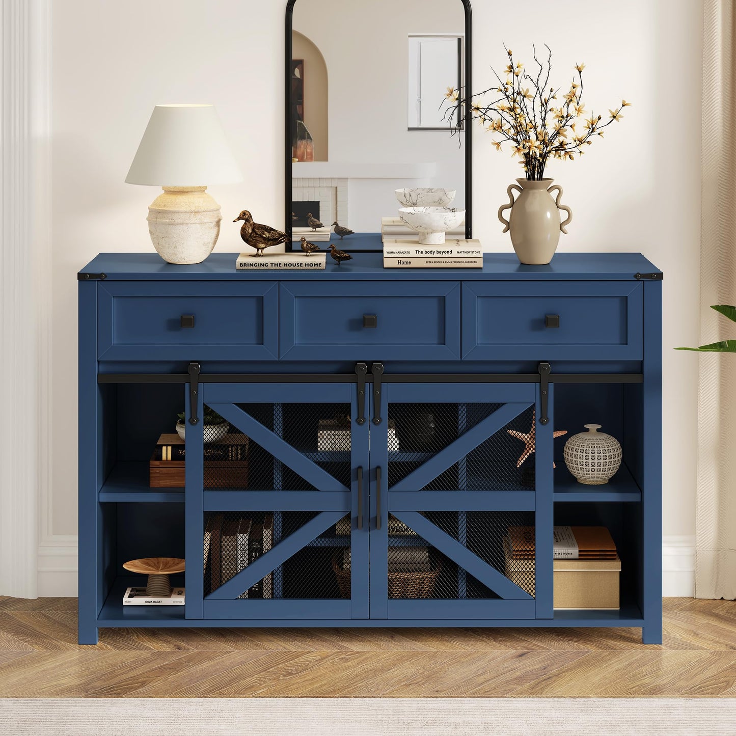 GDFStudio 55" Farmhouse Buffet Cabinet with Sliding Barn Mesh Doors & 3 Drawers, Sideboard Storage Cabinet with Adjustable Shelves, Coffee Bar Cabinet Credenza for Dining Room Living Room, Navy Blue