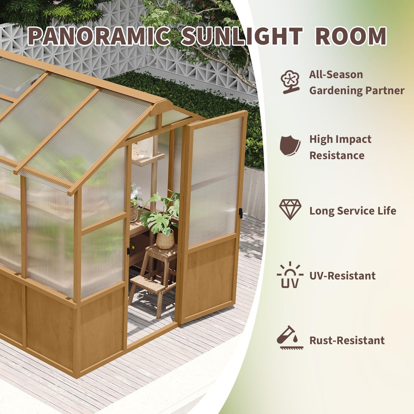 6x8 FT Outdoor Wood Greenhouse, Heavy Duty Solid Pine Wooden Walk-in Green House with 6MM Thick Polycarbonate Panels, Adjustable Roof Vent and Lockable Door, Garden House for Backyard Patio Lawn