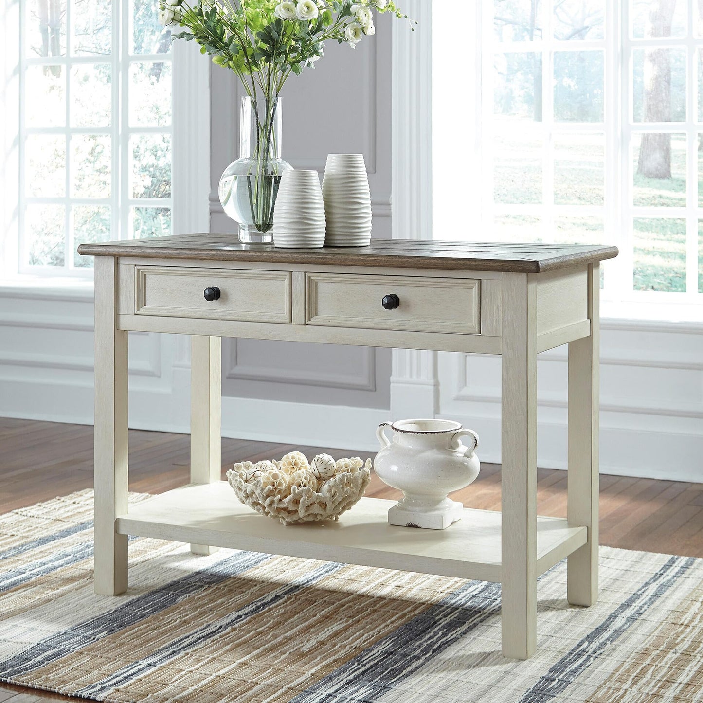 Signature Design by Ashley Bolanburg Sofa Table, Two‑Tone Wood Console With Drawers, Antique Finish With Metal Hardware, Ideal for Entryway or Living Room Display, Antique White