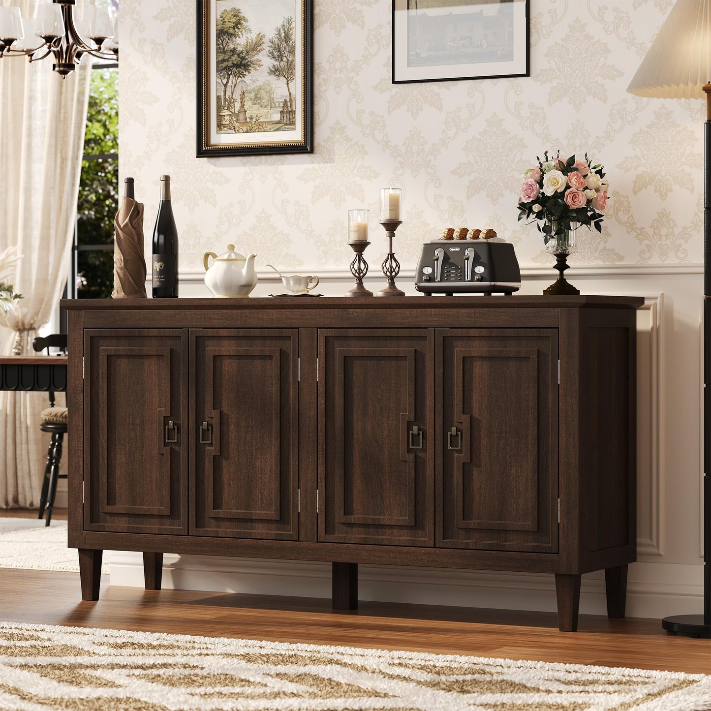 knoworld 60" Mid Century Sideboard Cabinet with 4 Doors,Solid Wood Storage Buffet Cabinet& Coffee Station,Organization Console for Dining Room & Living Room